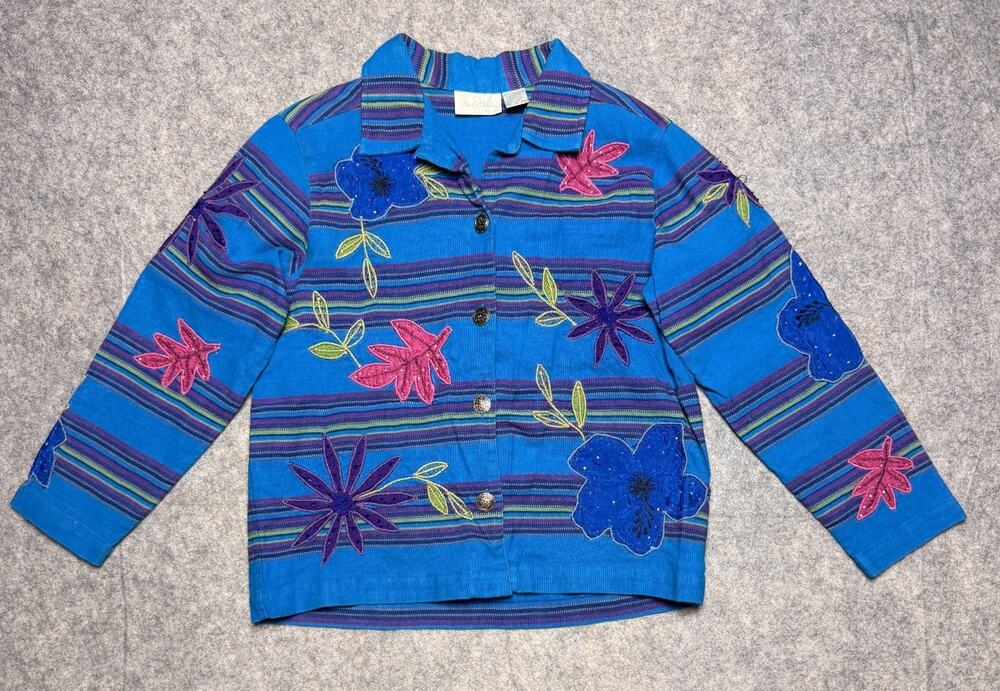 Vintage Women's PM Purple Striped Shirt Jacket Shacket Floral Beaded Lightweight